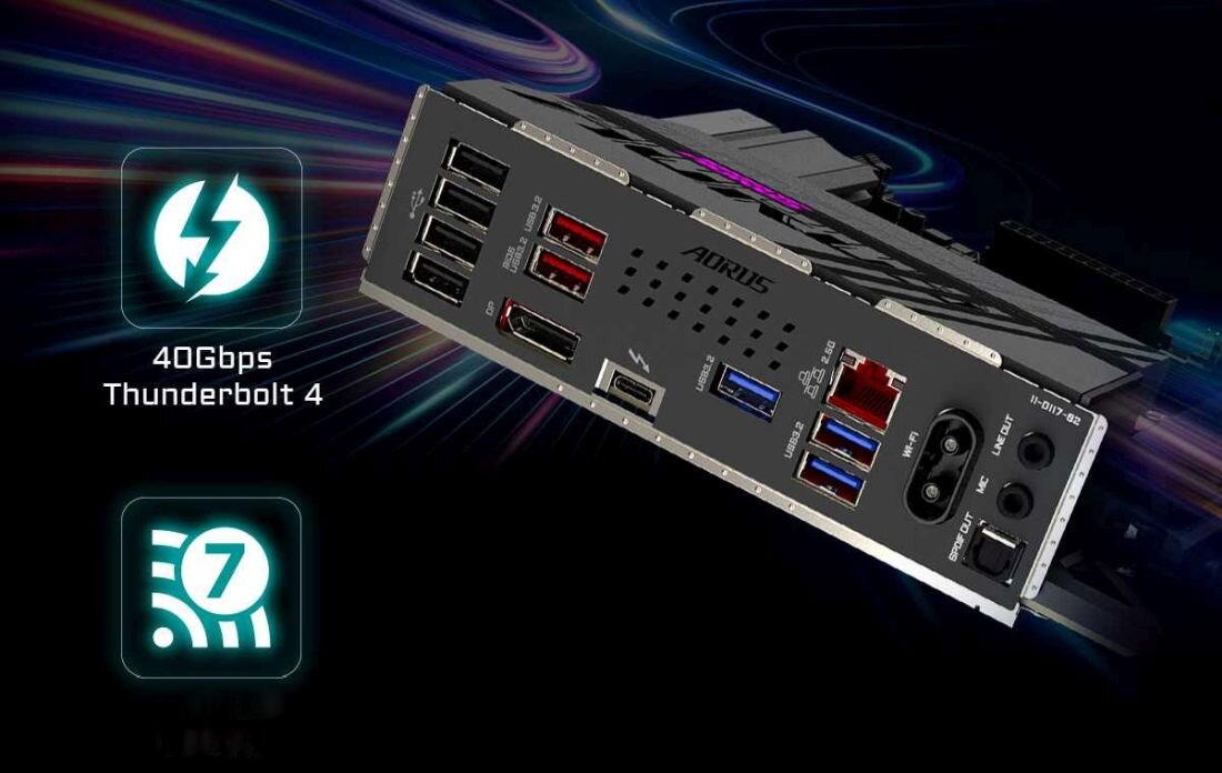 Obraz przedstawia tylny panel płyty głównej z różnymi portami, w tym USB, HDMI i Ethernet. Obok widoczne są ikony z napisami \'40Gbps Thunderbolt 4\' i \'7\'.