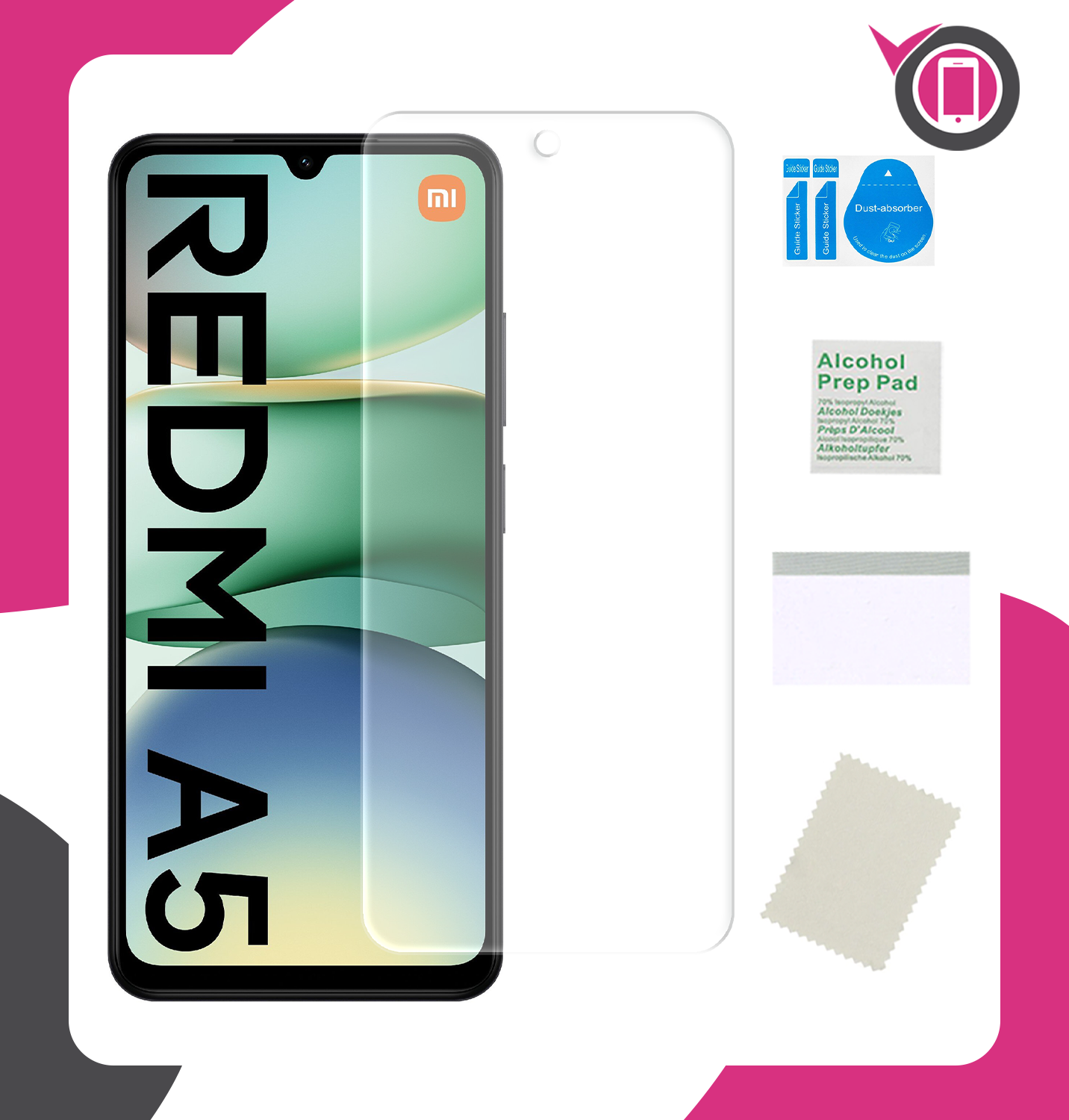 Obraz przedstawia telefon z napisem \'REDMI A5\' oraz zestaw akcesoriów do montażu folii ochronnej, w tym ściereczki i naklejki. Widoczne jest logo \'mi\'.