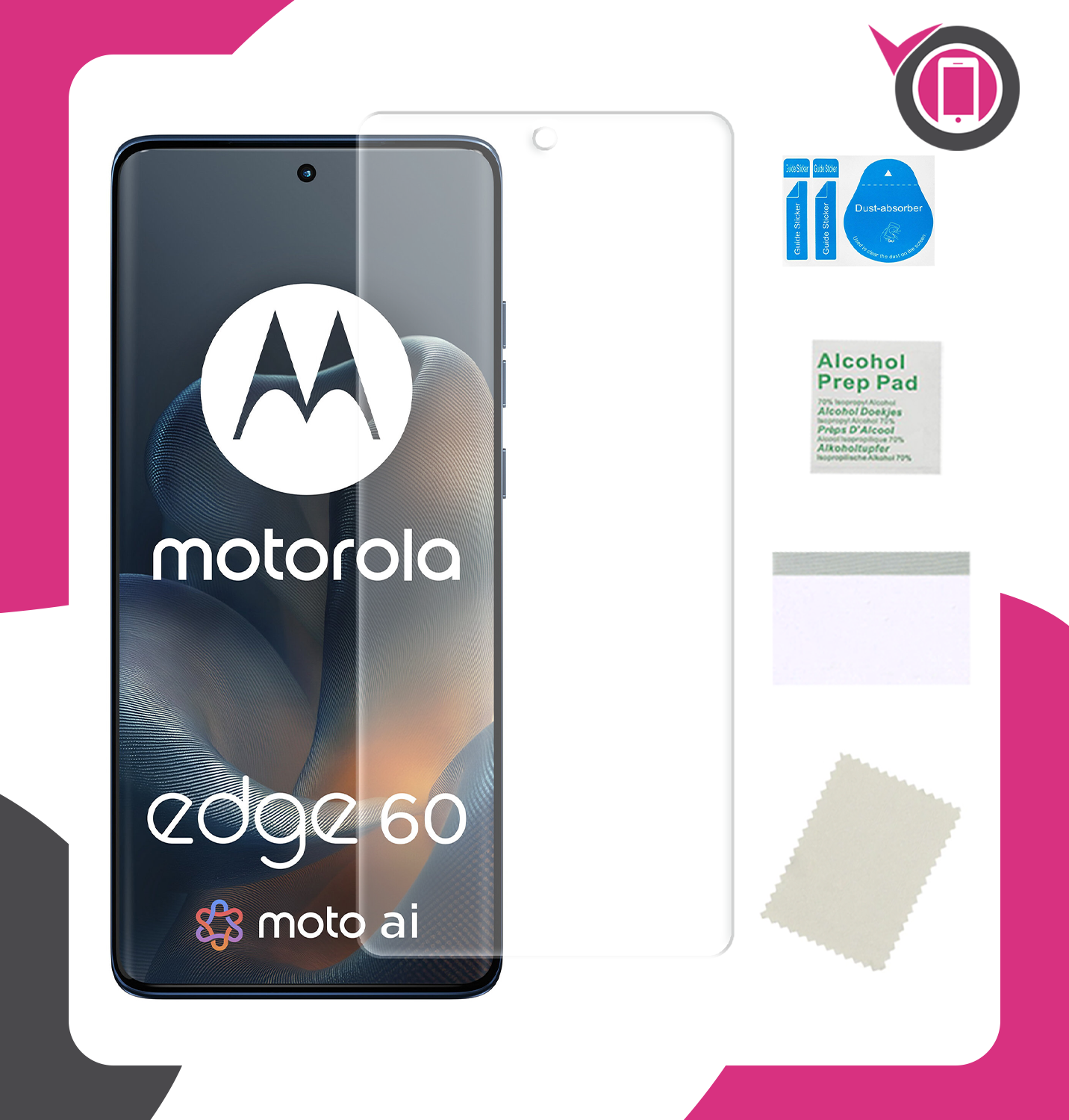 Na obrazie widoczny jest telefon Motorola Edge 60 z nałożoną folią ochronną na ekran. Obok znajdują się akcesoria do aplikacji folii, takie jak ściereczka, naklejki do usuwania kurzu i chusteczka nasączona alkoholem.