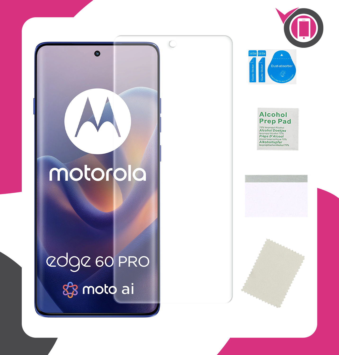 Na obrazie widoczny jest telefon z logo \'motorola\' oraz napisami \'edge 60 PRO\' i \'moto ai\', obok którego znajduje się przezroczysta folia ochronna. W tle widoczne są akcesoria do aplikacji folii, takie jak ściereczka, naklejki do usuwania kurzu i chusteczka nasączona alkoholem.
