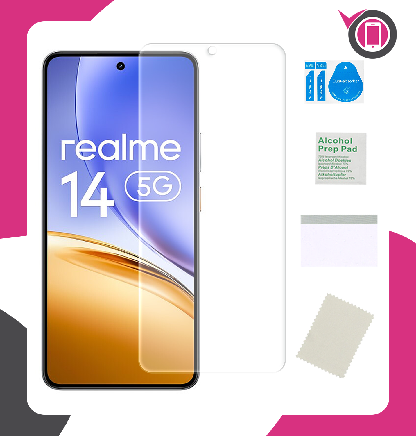 Na obrazie widoczny jest telefon z napisem \'realme 14 5G\' oraz przezroczysta folia ochronna na ekran. Obok znajdują się akcesoria do aplikacji folii, takie jak ściereczka, naklejki do usuwania kurzu i chusteczka nasączona alkoholem.
