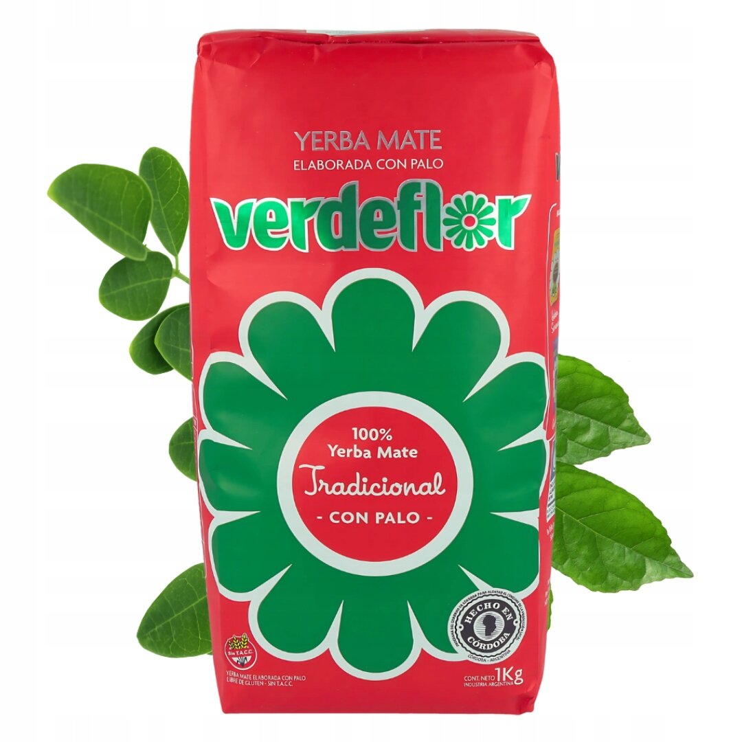 Opakowanie Yerba Mate Verdeflor Tradicional Con Palo Elaborada 1kg w czerwonym kolorze z zielonymi i białymi elementami graficznymi. Widoczny tekst: \'Yerba Mate Elaborada Con Palo verdeflor 100% Yerba Mate Tradicional Con Palo\'.