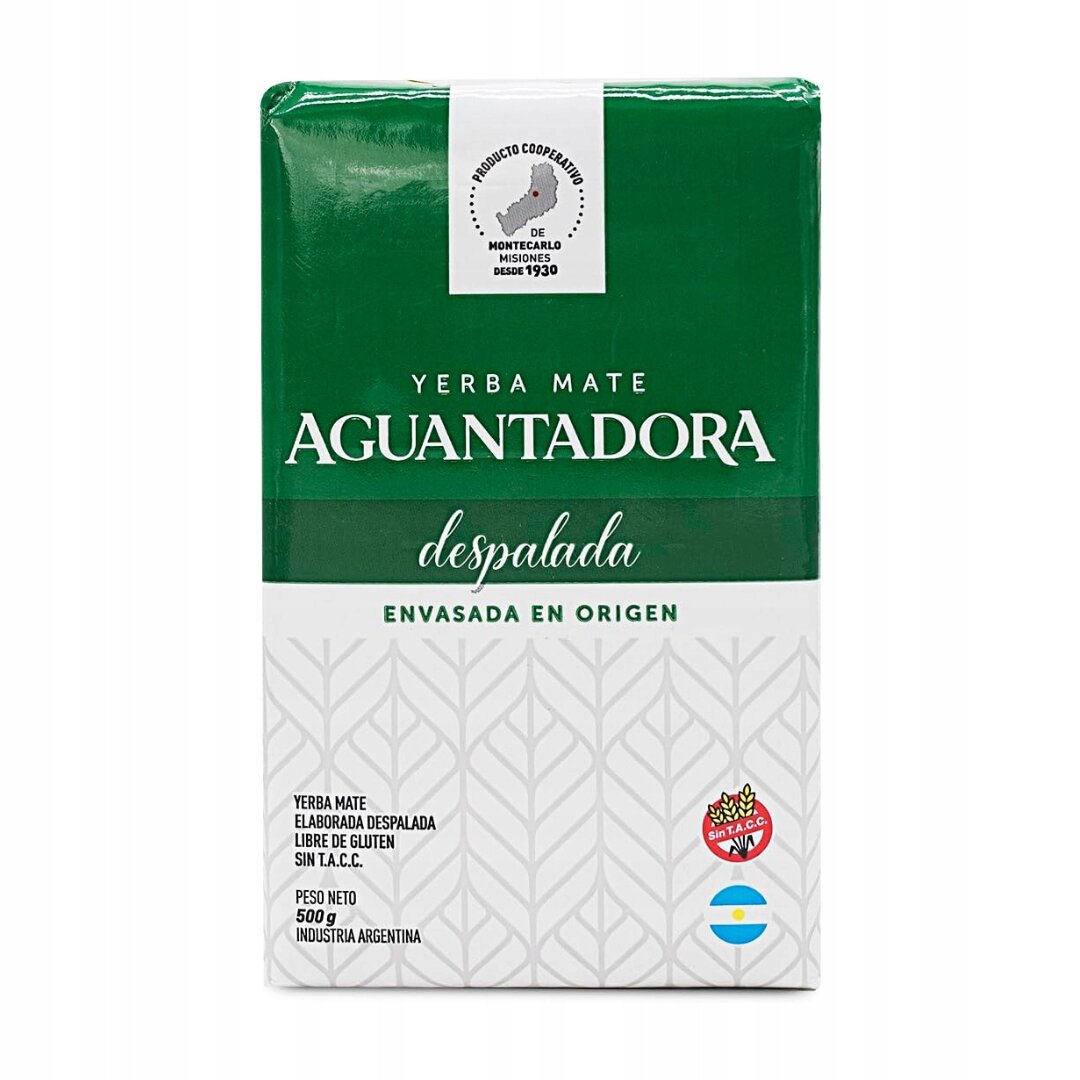 Opakowanie Yerba Mate Aguantadora Despalada w kolorze zielono-białym z tekstem: \'YERBA MATE AGUANTADORA despalada ENVASADA EN ORIGEN\'. Widoczne są również symbole certyfikatów oraz informacja o wadze 500 g i pochodzeniu z Argentyny.