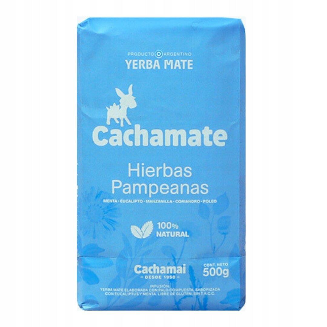 Opakowanie Yerba Mate Cachamate Hierbas Pampeanas o wadze 500g, w kolorze niebieskim z białymi napisami. Widoczne napisy: \'PRODUCTO ARGENTINO YERBA MATE\', \'Cachamate\', \'Hierbas Pampeanas\', \'100% NATURAL\', \'Cachamai DESDE 1950\', \'CONT. NETO 500g\'.