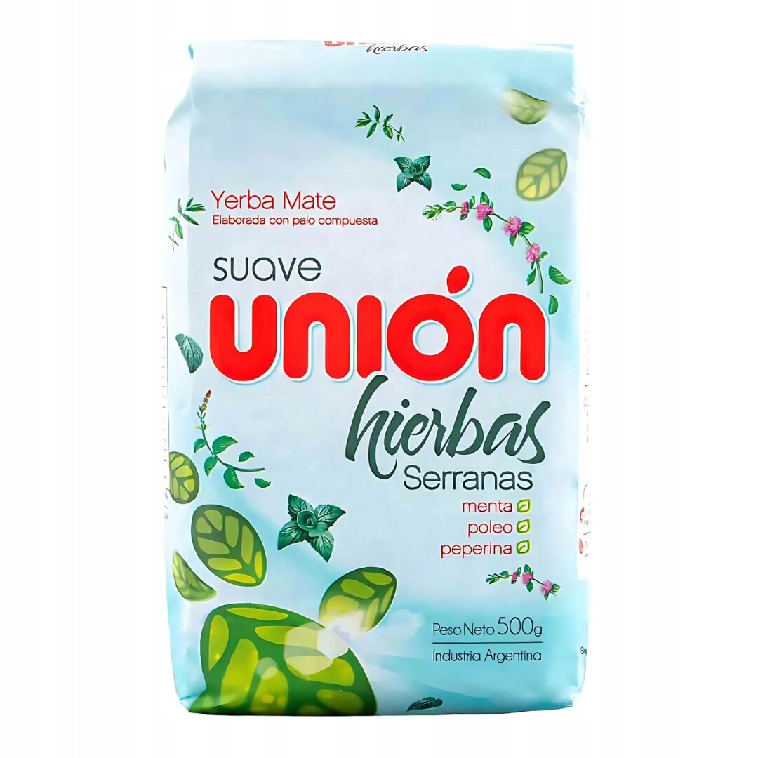 Opakowanie Yerba Mate Union Hierbas Serranas 500g z napisem \'suave unión hierbas Serranas\'. Widoczne są ilustracje liści i ziół oraz tekst \'menta, poleo, peperina\'.