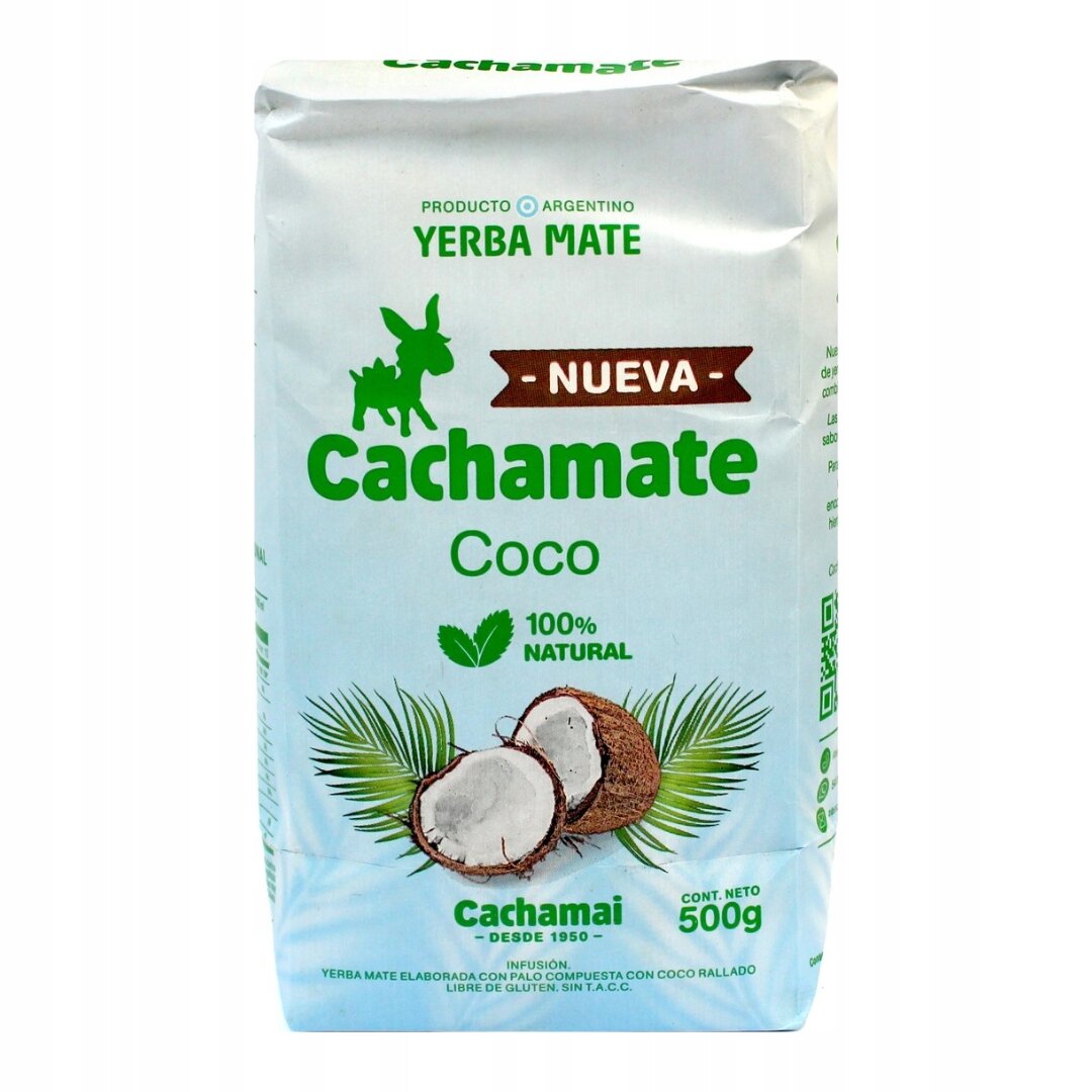 Opakowanie yerba mate Cachamate Coco o wadze 500g z grafiką przedstawiającą połówki kokosa i zielone liście. Na opakowaniu widnieje tekst: \'PRODUCTO ARGENTINO YERBA MATE NUEVA Cachamate Coco 100% NATURAL Cachamai DESDE 1950 CONT. NETO 500g\'.
