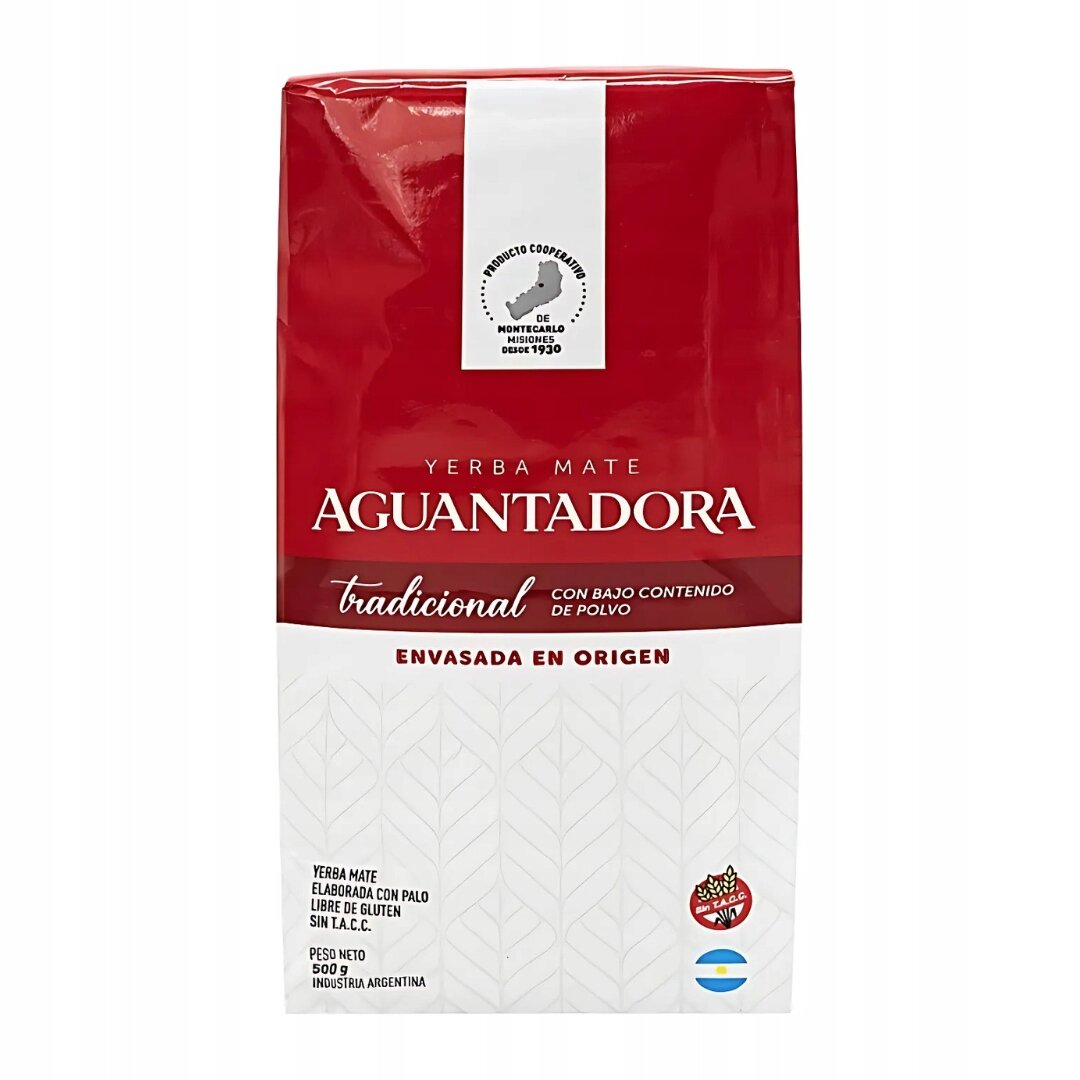Opakowanie Yerba Mate Aguantadora Tradicional Elaborada 500g z czerwonym i białym tłem oraz tekstem: \'YERBA MATE AGUANTADORA tradicional CON BAJO CONTENIDO DE POLVO ENVASADA EN ORIGEN\'.