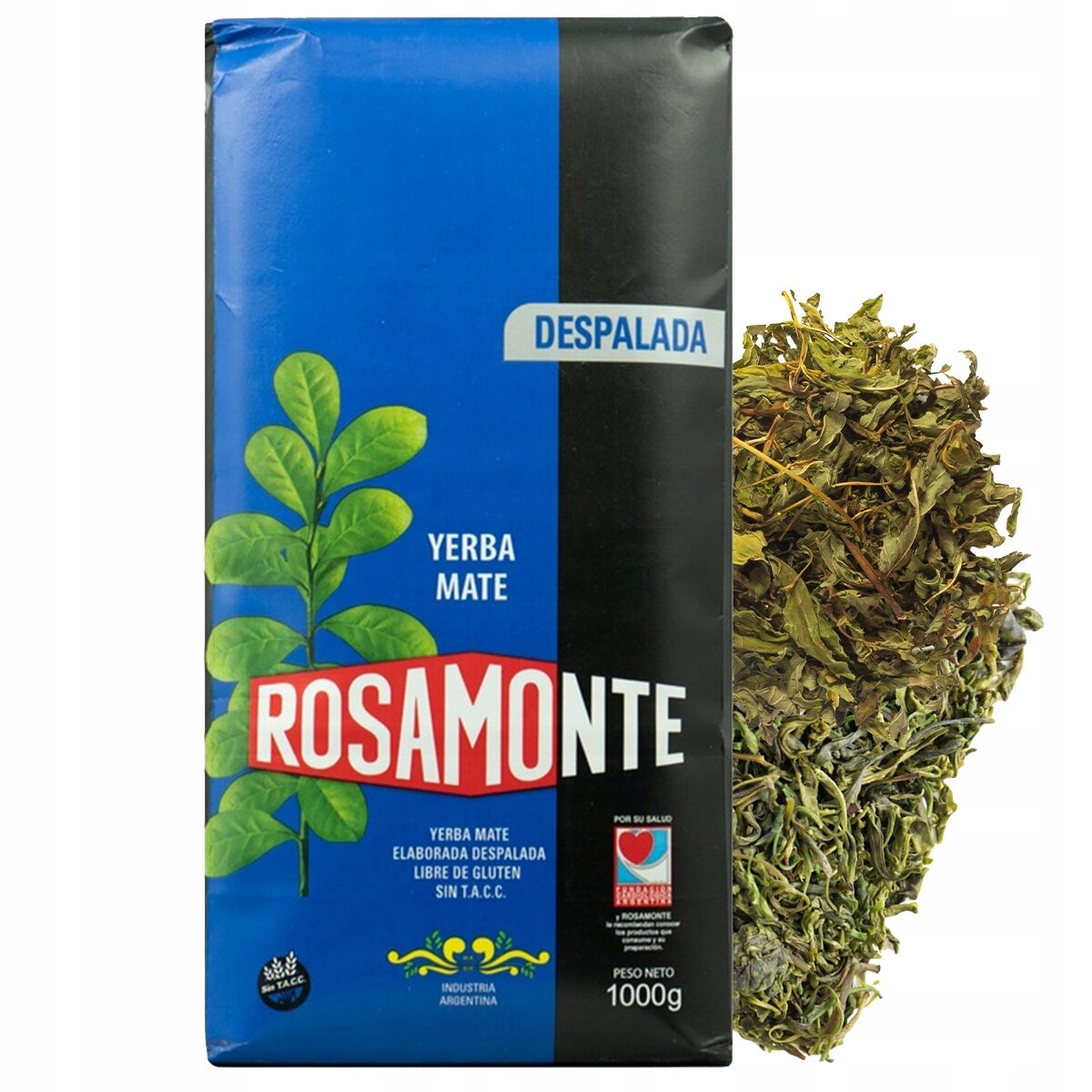 Opakowanie Yerba Mate Rosamonte Despalada z widocznym napisem \'YERBA MATE ROSAMONTE DESPALADA\' oraz grafiką zielonych liści. Obok opakowania znajduje się stos suszonych liści yerba mate.