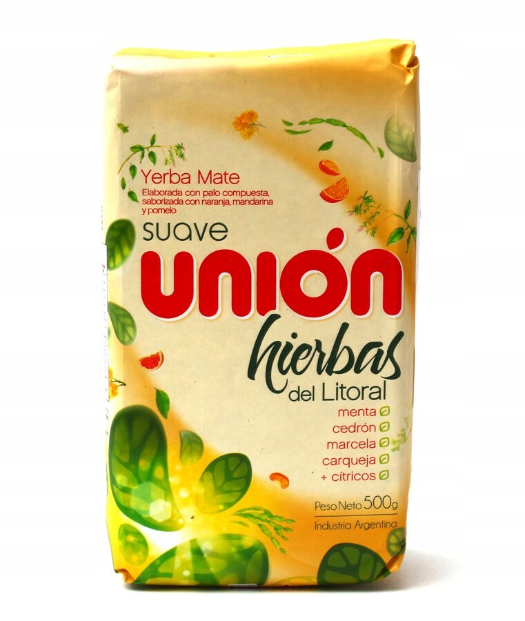 Opakowanie Yerba Mate Union Hierbas del Litoral 500g z widocznymi napisami: \'Yerba Mate\', \'suave unión hierbas del Litoral\', \'menta\', \'cedrón\', \'marcela\', \'carqueja\', \'+ cítricos\', \'Peso Neto 500g\', \'Industria Argentina\'.