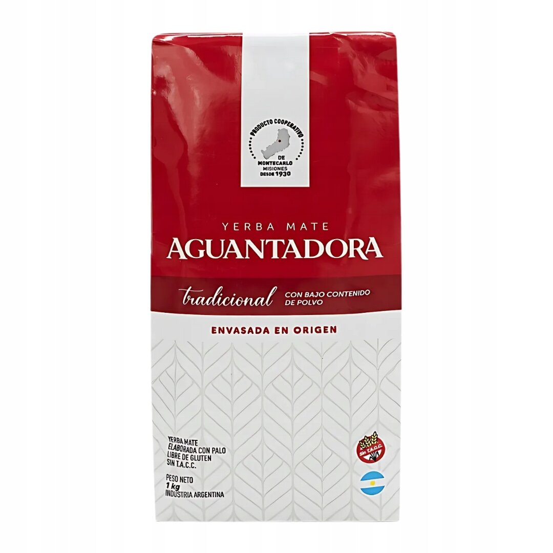 Opakowanie Yerba Mate Aguantadora Tradicional z czerwonym i białym tłem, zawiera teksty: \'YERBA MATE AGUANTADORA tradicional CON BAJO CONTENIDO DE POLVO\', \'ENVASADA EN ORIGEN\', \'PESO NETO 1 kg INDUSTRIA ARGENTINA\'.