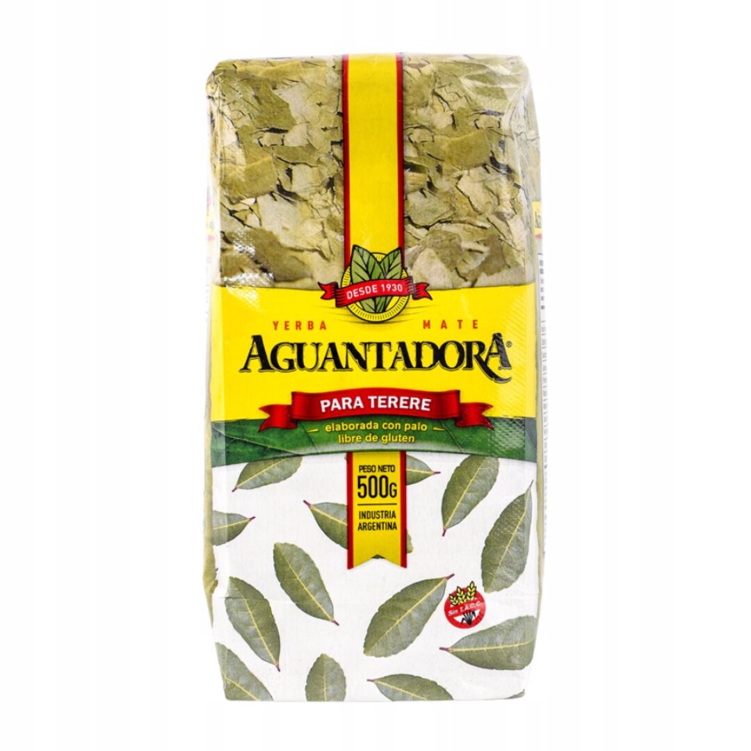 Opakowanie Yerba Mate Aguantadora Para Terere 500g z widocznymi liśćmi na tle. Na opakowaniu znajduje się tekst: \'Yerba Mate Aguantadora Para Terere, elaborada con palo, libre de gluten, peso neto 500g, industria argentina\'.