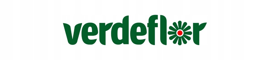 Logo z napisem \'verdeflor\', gdzie litera \'o\' jest stylizowana na kwiat z czerwonym środkiem.