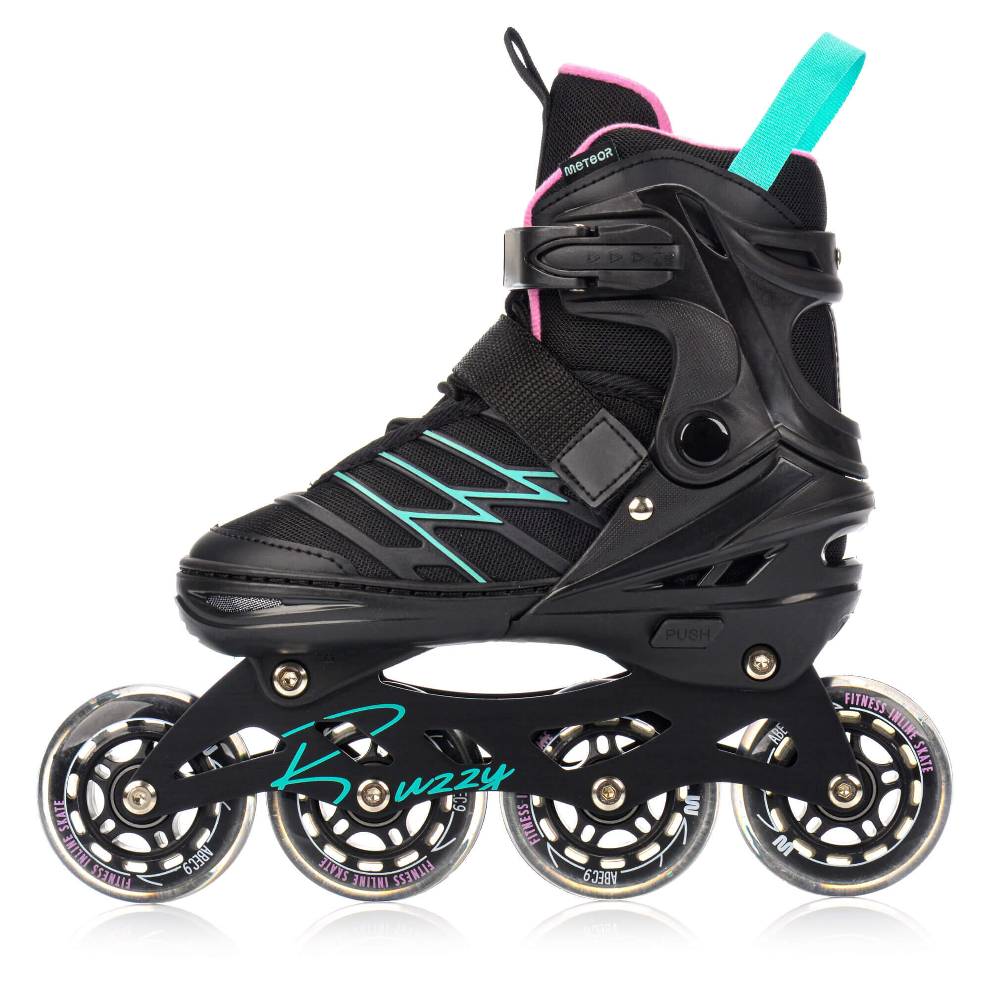Czarne rolki z turkusowymi i różowymi akcentami, posiadają cztery kółka i napis \'Buzzy\' na ramie. Widoczne są również napisy \'ABEC9\' i \'Fitness Inline Skate\' na kółkach.
