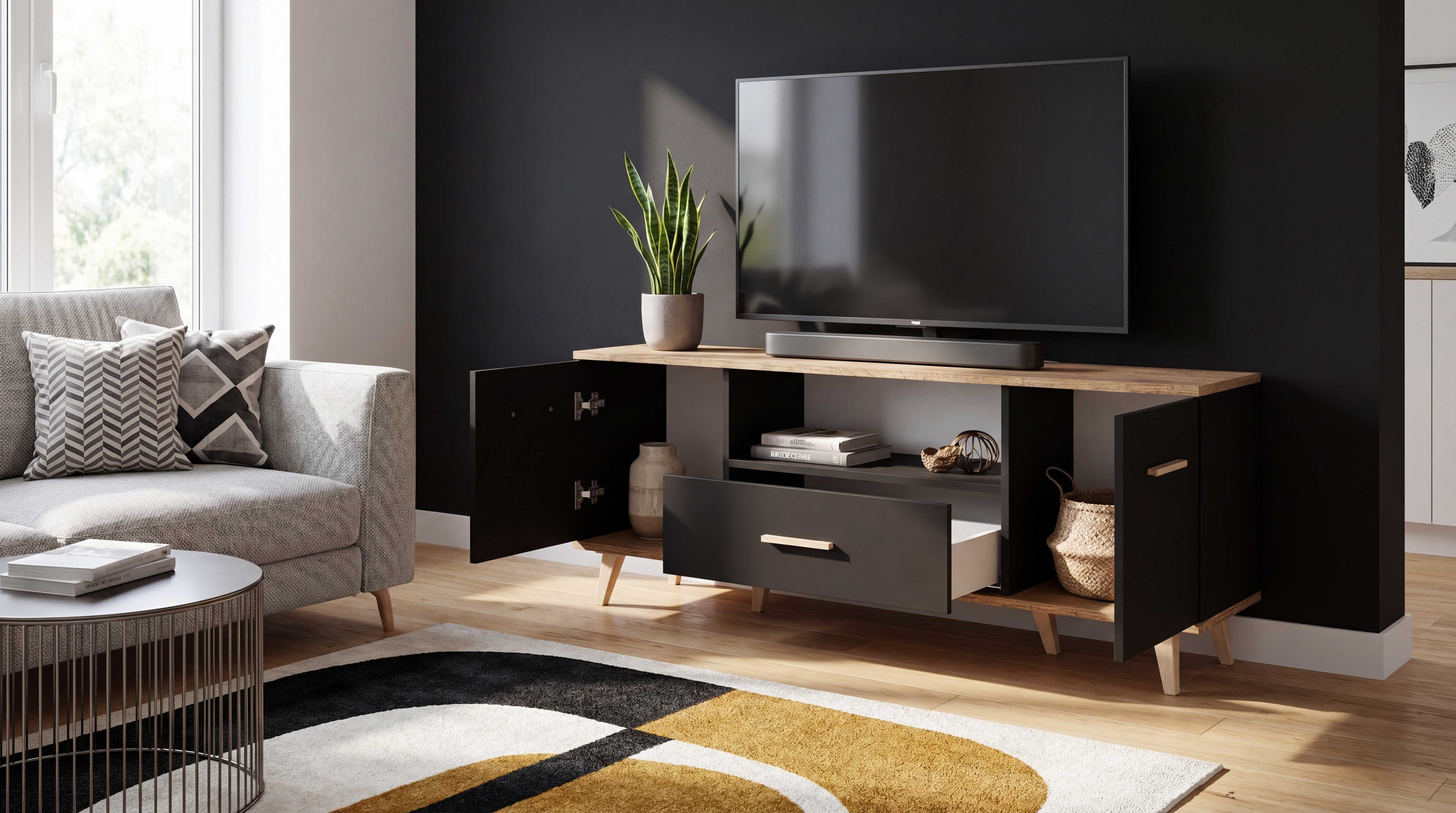 Czarna szafka RTV z drewnianym blatem, otwartymi drzwiami i szufladą, stoi w salonie z telewizorem na górze. Obok znajduje się szara sofa z poduszkami, a na podłodze leży dywan z geometrycznym wzorem.