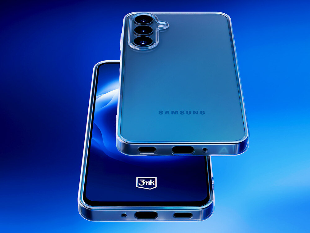 Na obrazie widoczne są dwa telefony z przezroczystymi etui, z widocznym logo \'Samsung\' na jednym z nich. Na ekranie jednego z telefonów znajduje się logo \'3mk\'.