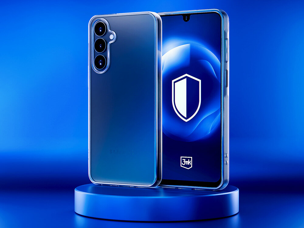 Przezroczyste etui na telefon z trzema otworami na aparaty, ustawione obok smartfona z wyświetlaczem pokazującym tarczę i logo \'3mk\'.