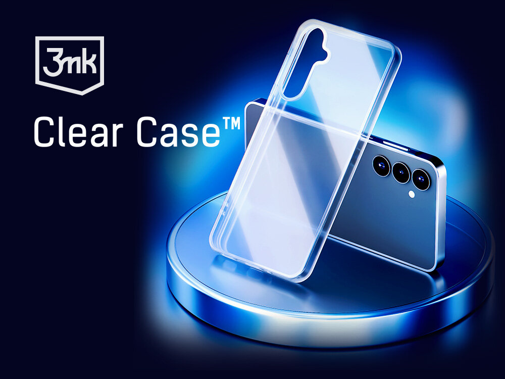 Przezroczyste etui na telefon unosi się nad smartfonem z trzema widocznymi obiektywami aparatu, na niebieskim tle. Widoczny jest napis \'3mk Clear Case™\'.