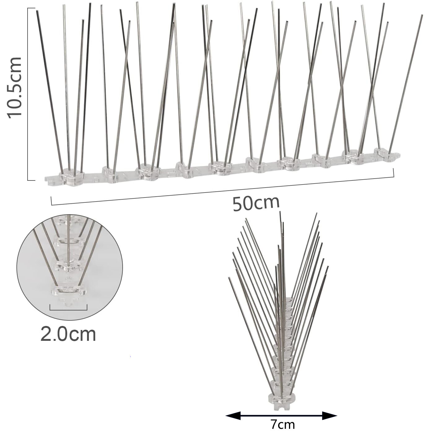 Obraz przedstawia metalowe kolce na ptaki zamontowane na przezroczystej podstawie. Wymiary to 10.5 cm wysokości, 50 cm długości i 7 cm szerokości podstawy.