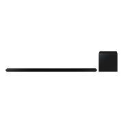 Na obrazie widoczny jest czarny soundbar oraz subwoofer na białym tle.