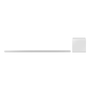 Na obrazie widoczny jest biały soundbar oraz subwoofer w tym samym kolorze, ustawione na białym tle.