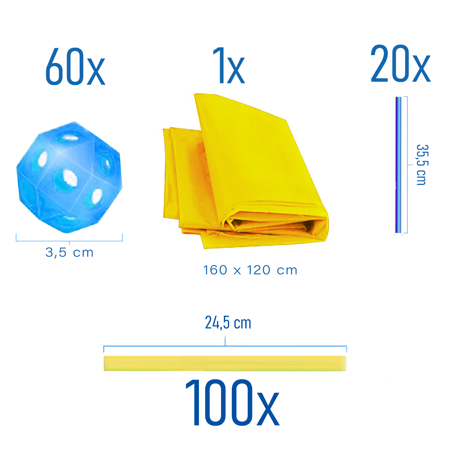 Obraz przedstawia zestaw elementów: 60 niebieskich wielościanów o średnicy 3,5 cm, 1 żółty materiał o wymiarach 160 x 120 cm, 20 niebieskich rurek o długości 35,5 cm oraz 100 żółtych rurek o długości 24,5 cm.