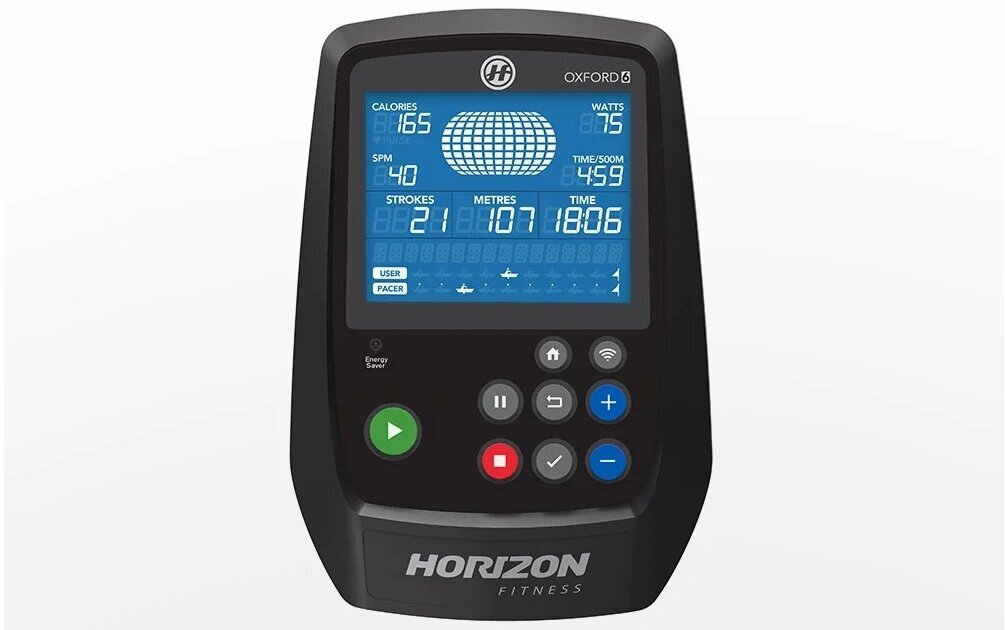 Panel sterowania z wyświetlaczem pokazującym dane takie jak kalorie, waty, SPM, czas, uderzenia i metry. Na dole widoczne są przyciski funkcyjne oraz logo \'HORIZON FITNESS\'.