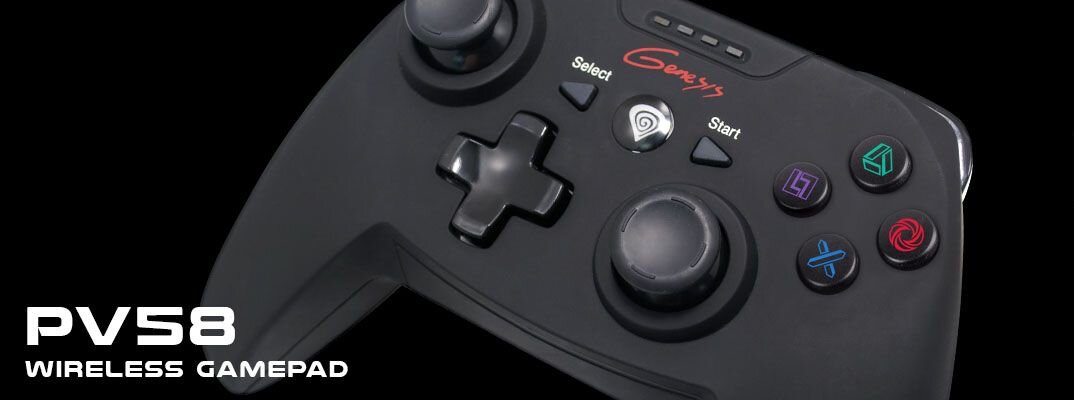 Czarny bezprzewodowy gamepad z przyciskami oznaczonymi symbolami i kolorami oraz logo \'Genesis\'. Widoczny tekst: \'PV58 WIRELESS GAMEPAD\'.