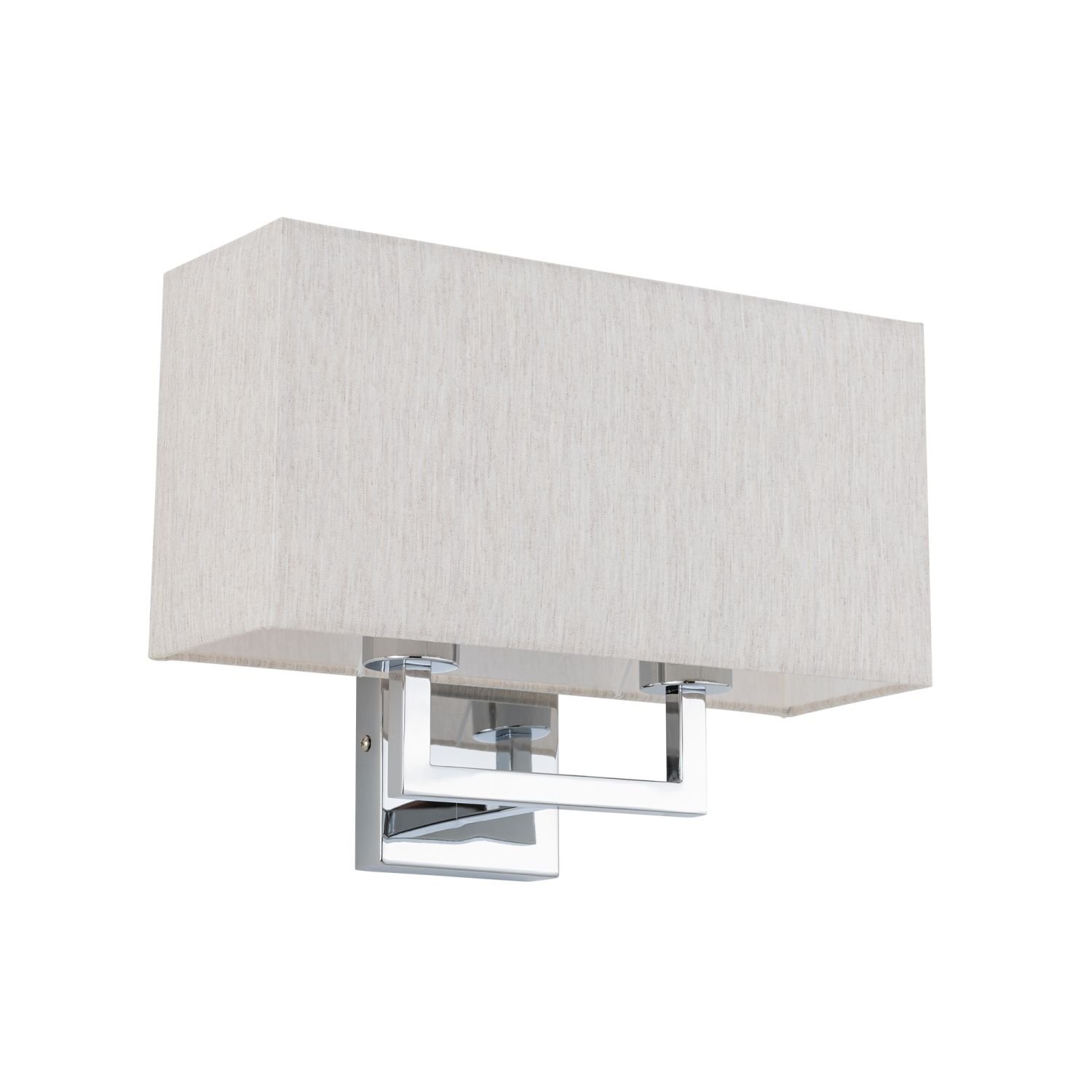 Elegancka lampa ścienna z prostokątnym, jasnym abażurem i chromowanym uchwytem montażowym.