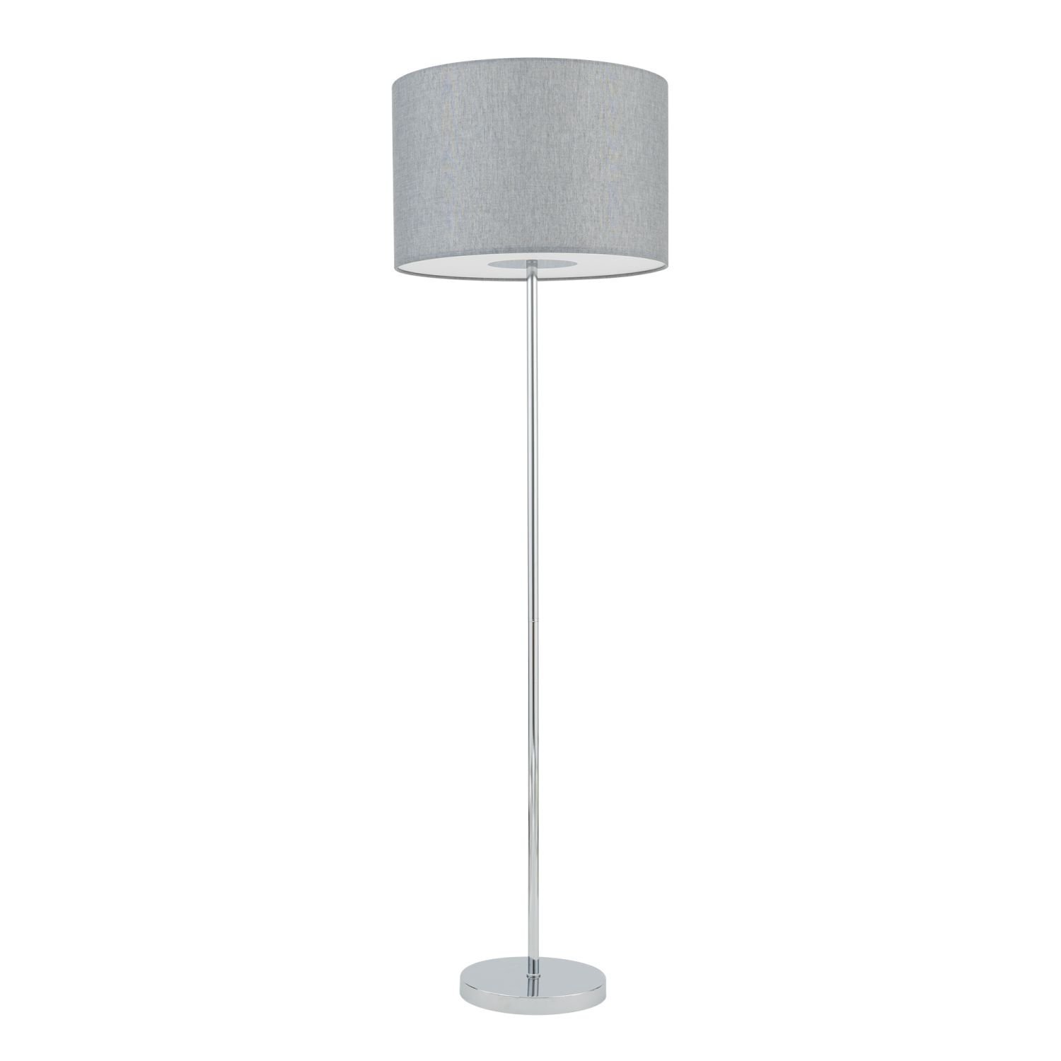Lampa podłogowa z szarym, cylindrycznym abażurem i metalową podstawą w kolorze srebrnym.