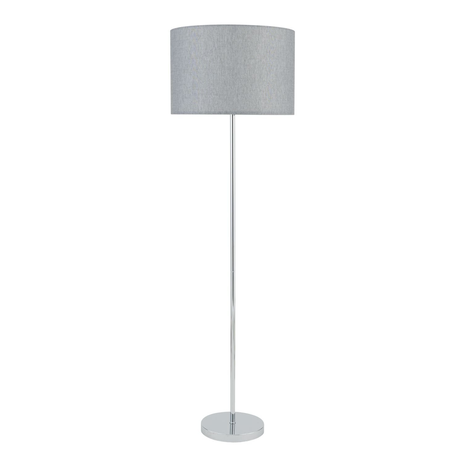 Lampa podłogowa z szarym, cylindrycznym abażurem i metalową, chromowaną podstawą.