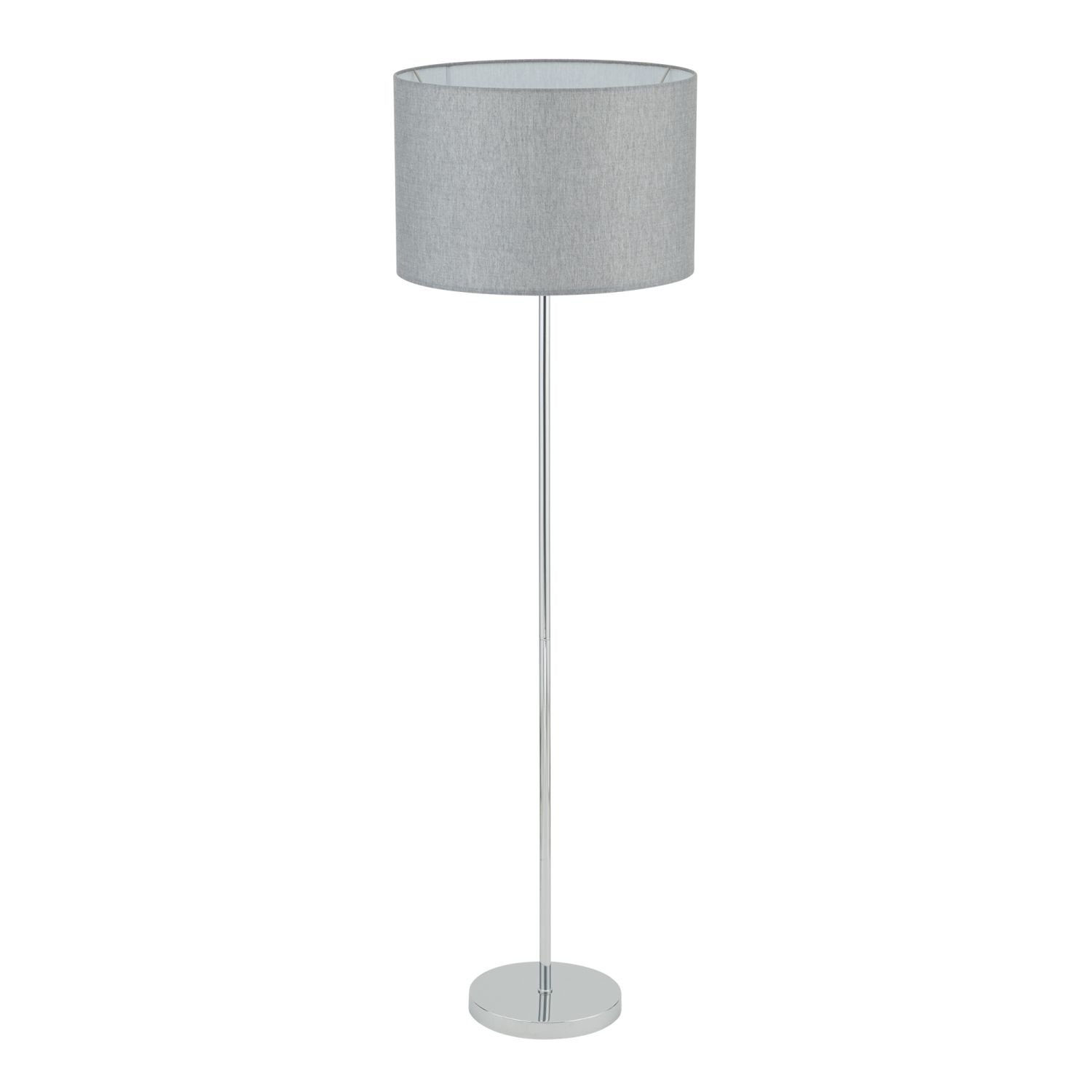 Lampa podłogowa z szarym, cylindrycznym abażurem i metalową podstawą w kolorze srebrnym.