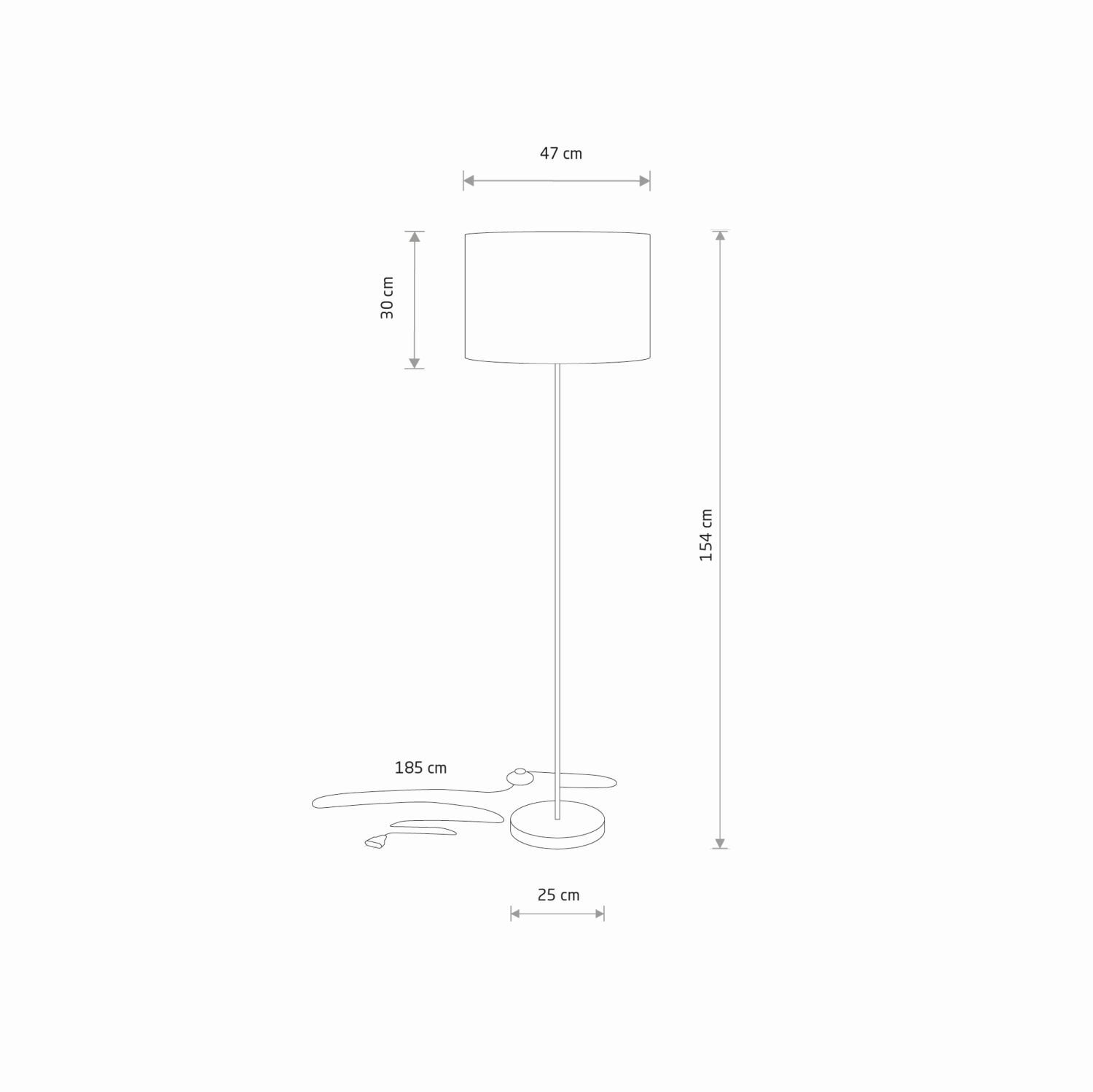 Schemat lampy podłogowej z wymiarami: wysokość 154 cm, szerokość klosza 47 cm, wysokość klosza 30 cm, średnica podstawy 25 cm, długość przewodu 185 cm.