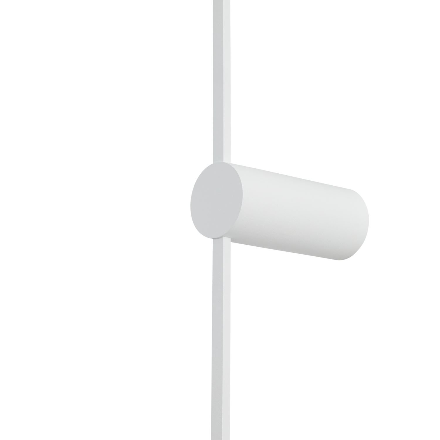 Biały, cylindryczny kinkiet LED zamontowany na pionowym pręcie. Lampa ma nowoczesny design.