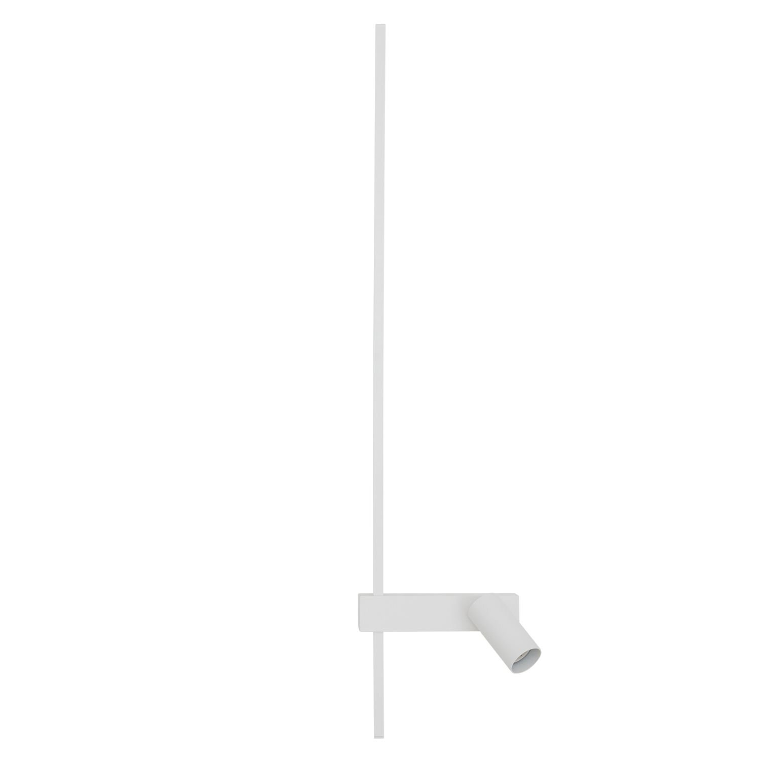 Biała lampa ścienna z reflektorem, o nowoczesnym i minimalistycznym designie, z długim pionowym elementem i krótkim poziomym ramieniem zakończonym cylindrycznym reflektorem.