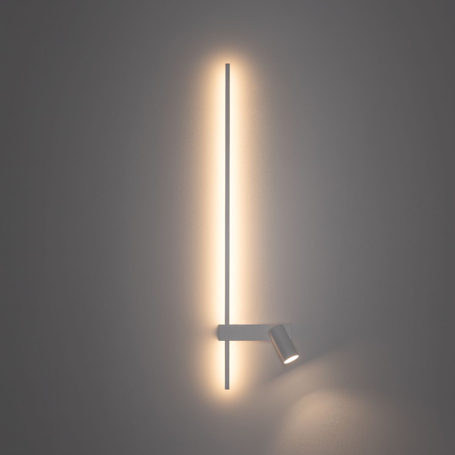 Na obrazie widoczna jest nowoczesna lampa ścienna z pionowym paskiem świetlnym i reflektorem skierowanym w dół. Światło emituje ciepłą poświatę na ścianie.