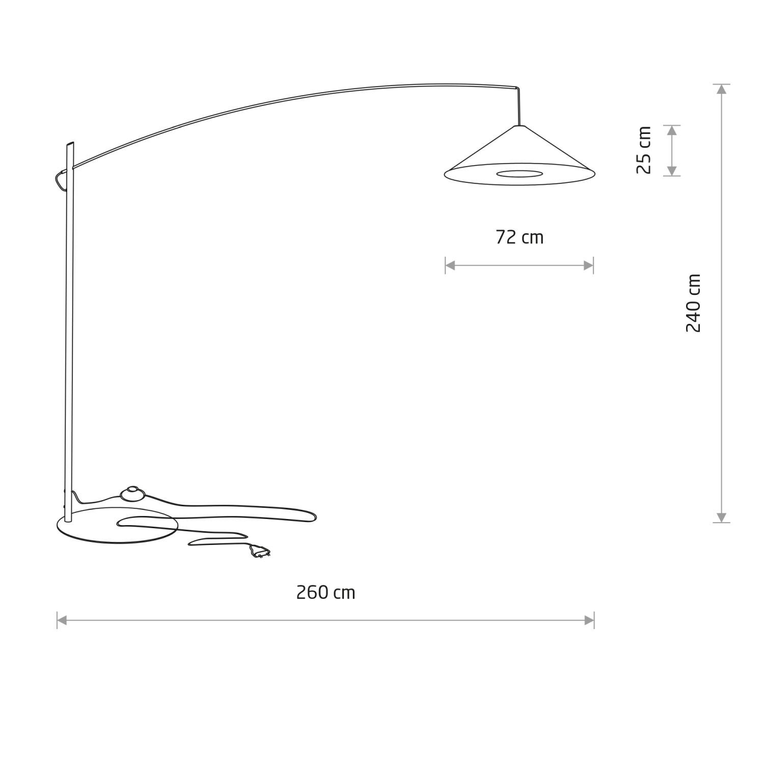 Schemat lampy podłogowej z wysięgnikiem, z wymiarami: wysokość 240 cm, długość wysięgnika 260 cm, średnica klosza 72 cm, wysokość klosza 25 cm.