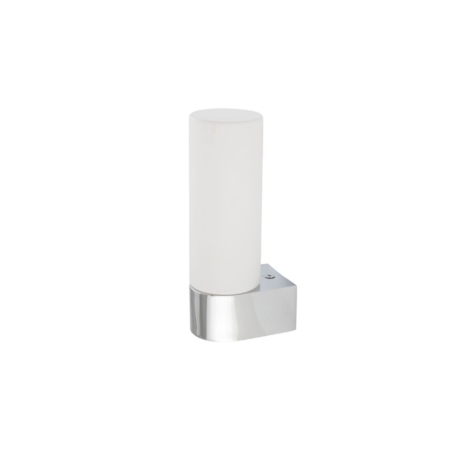 Na obrazie widoczny jest kinkiet z cylindrycznym, białym kloszem i chromowaną podstawą. Lampa ma nowoczesny design i jest przeznaczona do montażu na ścianie.