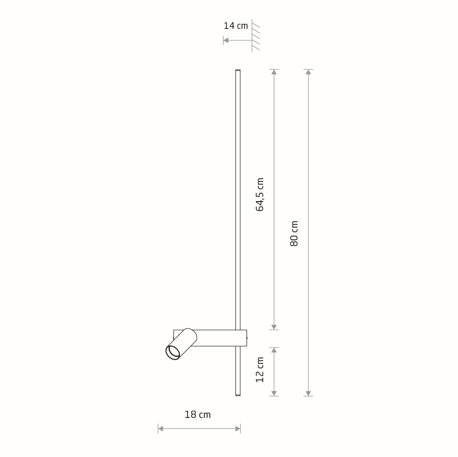Schemat lampy ściennej z reflektorem z wymiarami: 80 cm wysokości, 64,5 cm długości, 18 cm szerokości i 12 cm odległości od ściany.