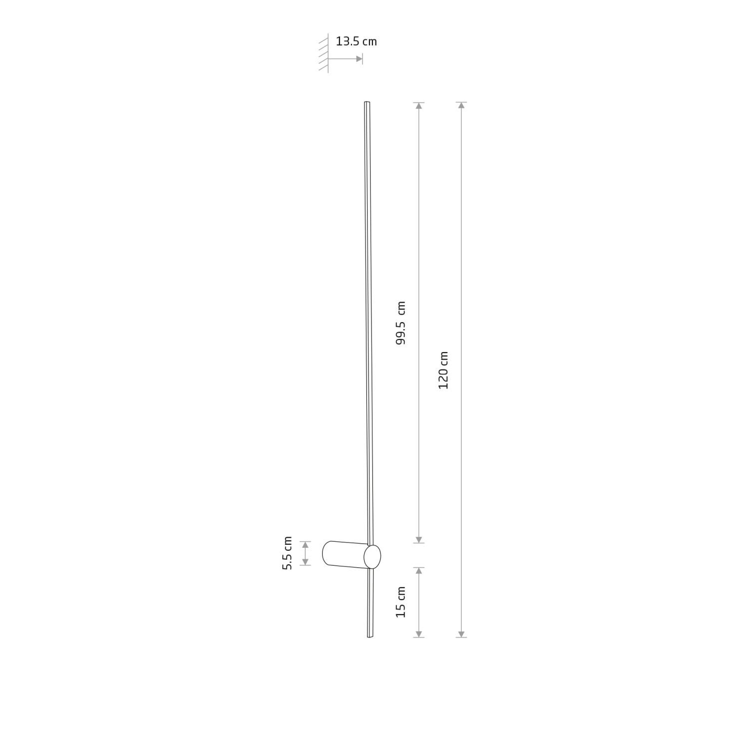 Schematyczny rysunek lampy ściennej z wymiarami: 13,5 cm, 99,5 cm, 120 cm, 5,5 cm, 15 cm.