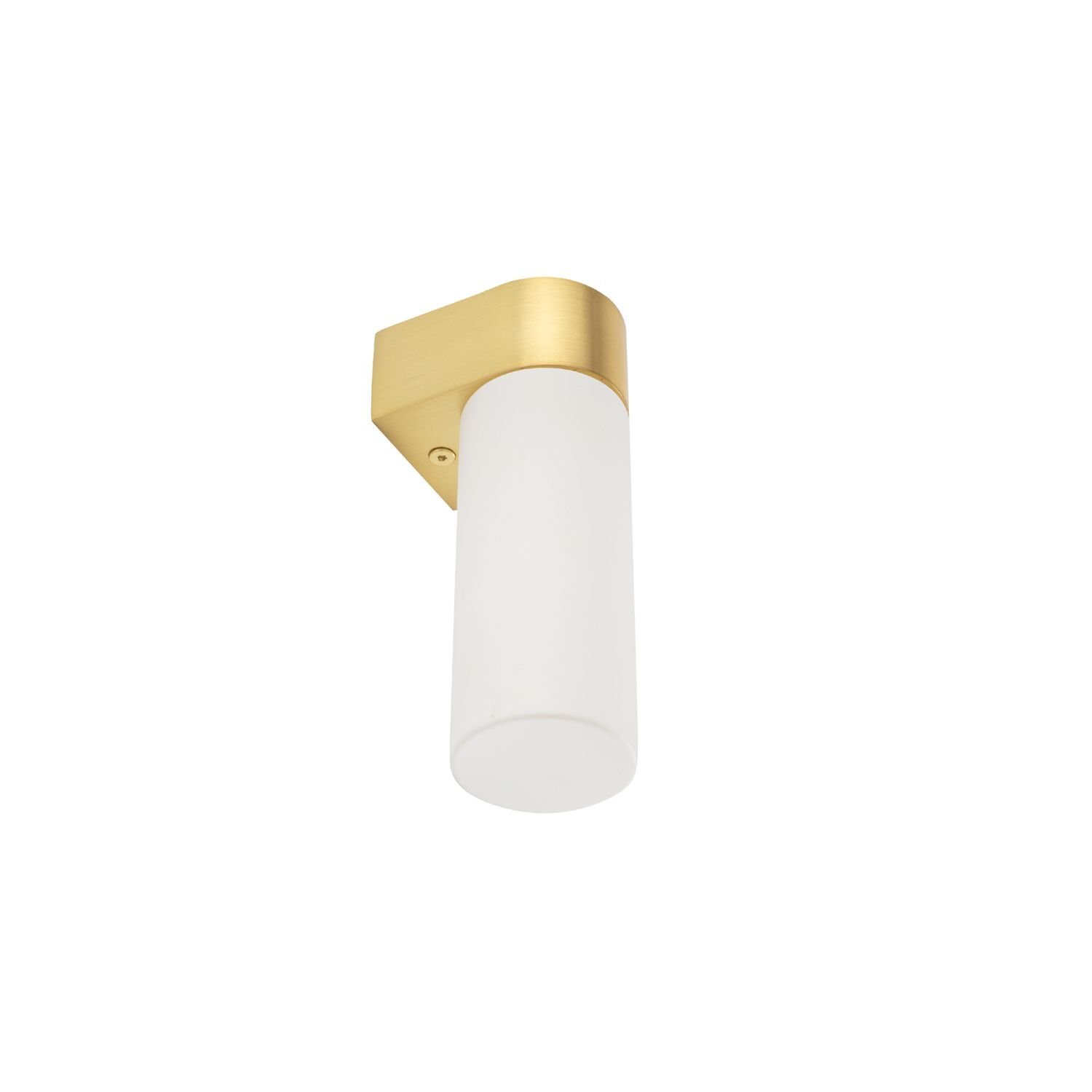 Na obrazie widoczny jest kinkiet z białym, cylindrycznym kloszem i złotym uchwytem montażowym. Lampa ma nowoczesny design.