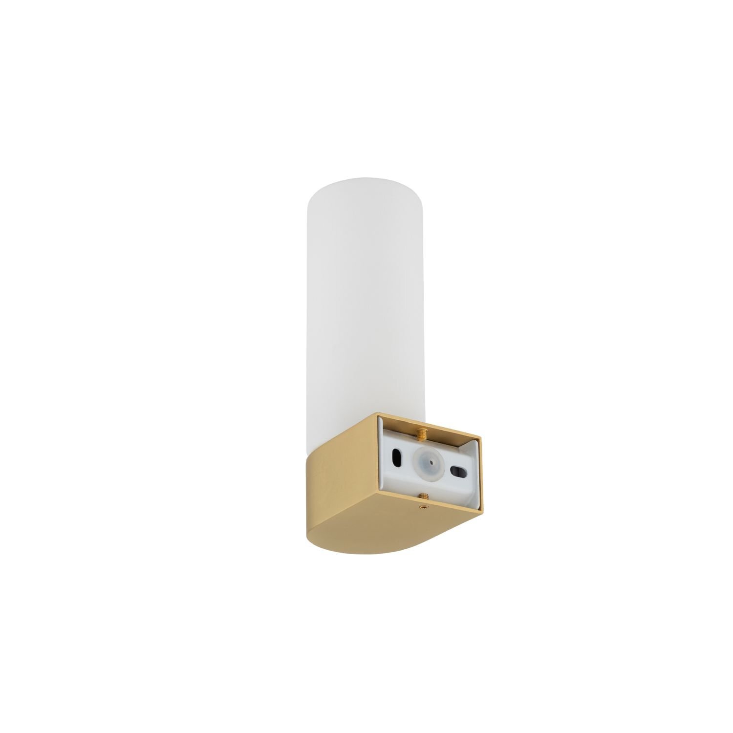 Nowoczesny kinkiet z cylindrycznym, białym kloszem i złotą podstawą. Lampa ma minimalistyczny design, idealny do salonu, sypialni lub korytarza.