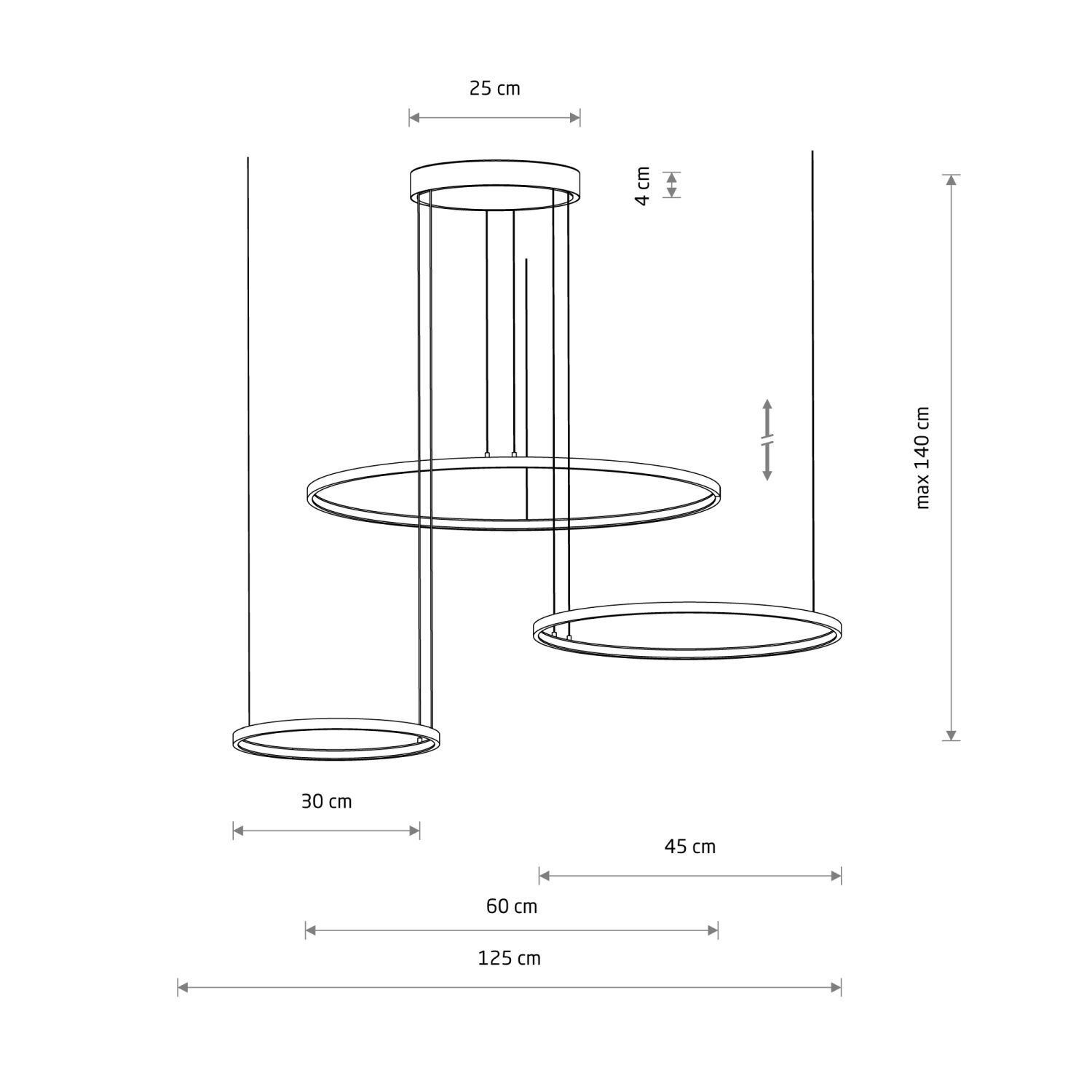 Schemat lampy wiszącej z trzema okrągłymi elementami o różnych średnicach: 30 cm, 45 cm i 60 cm. Wymiary całkowite to 125 cm szerokości i maksymalna wysokość 140 cm.