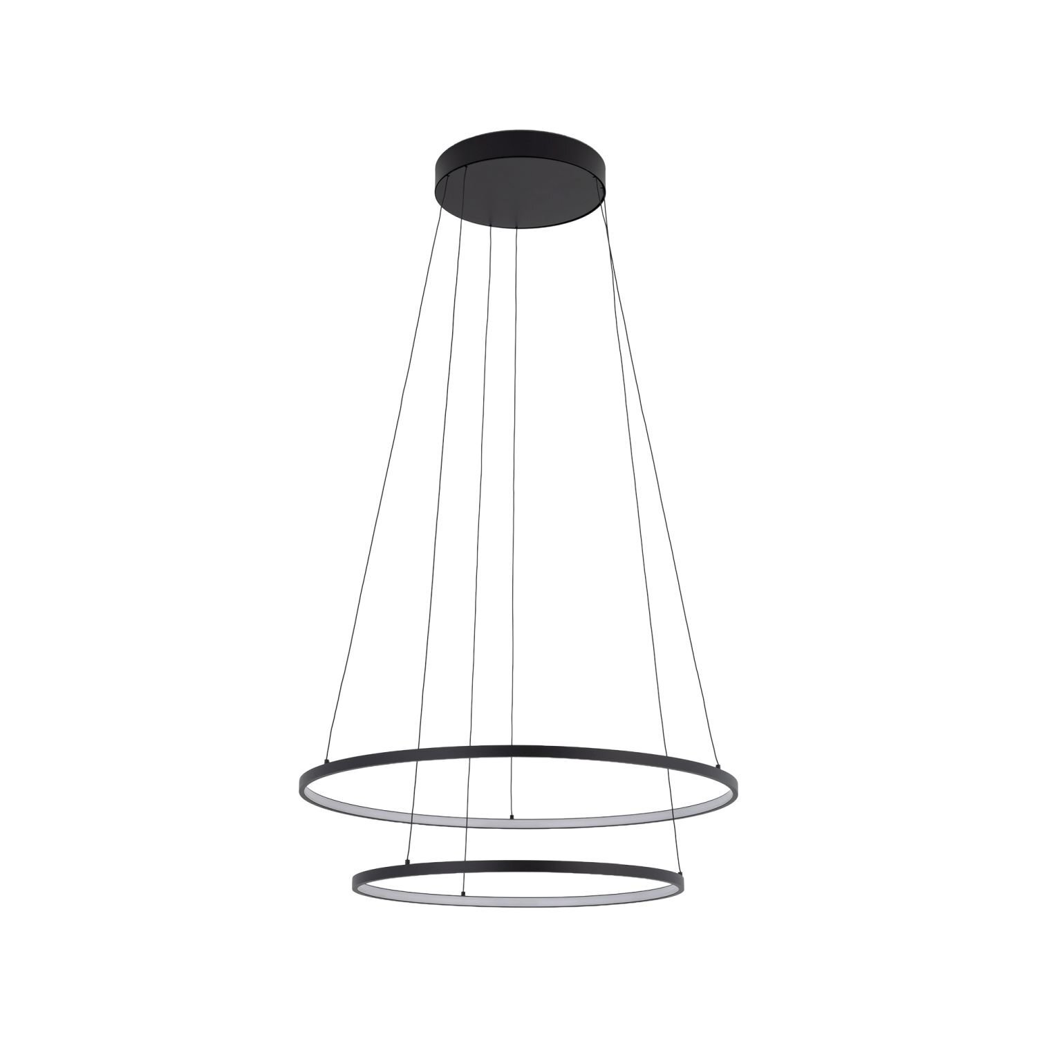 Nowoczesna lampa wisząca składająca się z dwóch czarnych, okrągłych obręczy zawieszonych na cienkich przewodach. Obręcze są umieszczone jedna nad drugą, tworząc minimalistyczny design.