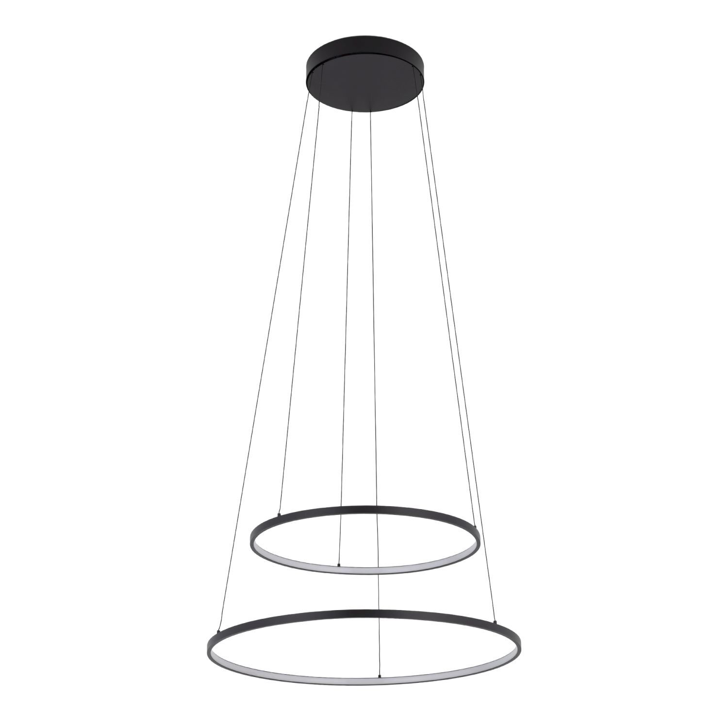 Nowoczesna lampa wisząca składająca się z dwóch czarnych, okrągłych obręczy zawieszonych na cienkich linkach. Obręcze są umieszczone jedna nad drugą, tworząc efekt przestrzennej instalacji.
