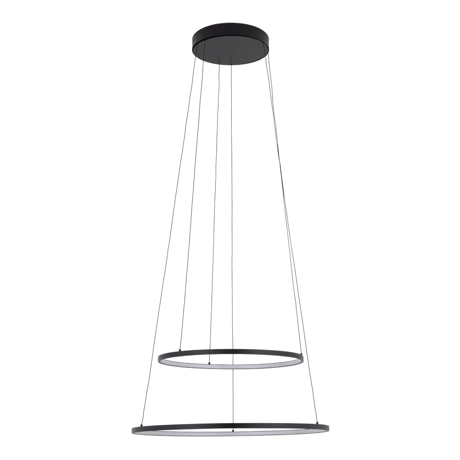 Nowoczesna lampa wisząca z dwoma okrągłymi, czarnymi obręczami zawieszonymi na cienkich linkach. Górna część lampy to czarny, okrągły element mocujący do sufitu.