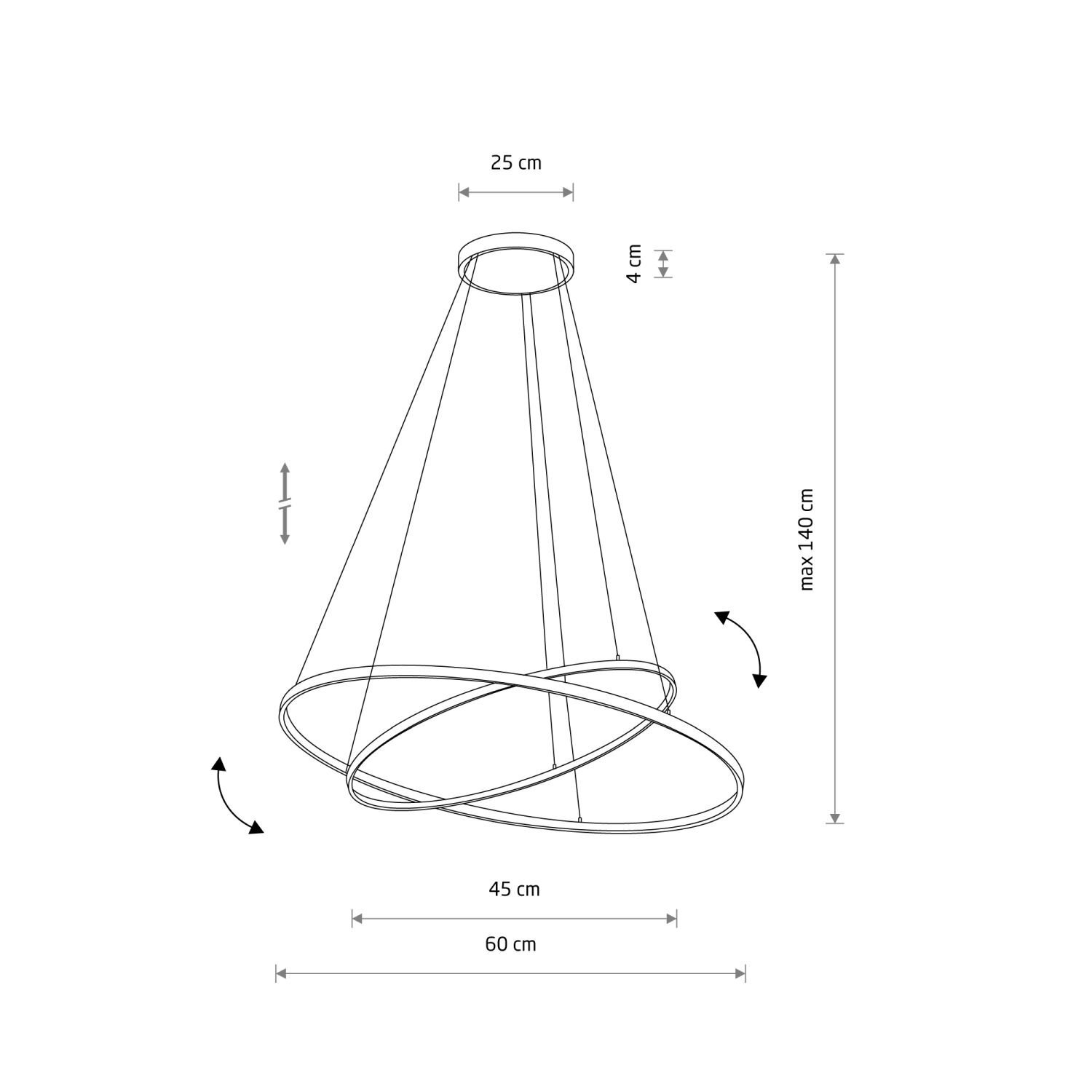 Schemat lampy wiszącej z dwoma okrągłymi elementami, z wymiarami: 25 cm, 4 cm, 45 cm, 60 cm, maksymalnie 140 cm.