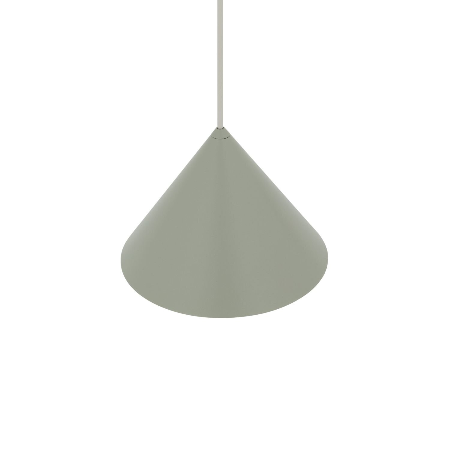 Zdjęcie przedstawia stożkową lampę wiszącą w jednolitym, jasnoszarym kolorze. Lampa ma prosty, nowoczesny design z przewodem wychodzącym z jej wierzchołka.