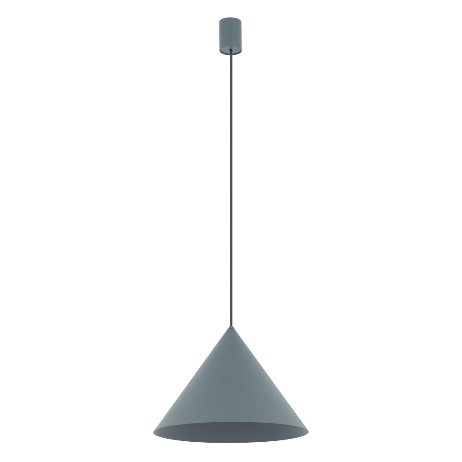 Na obrazie widoczna jest lampa wisząca o stożkowym kloszu w kolorze szarym, zawieszona na cienkim przewodzie.