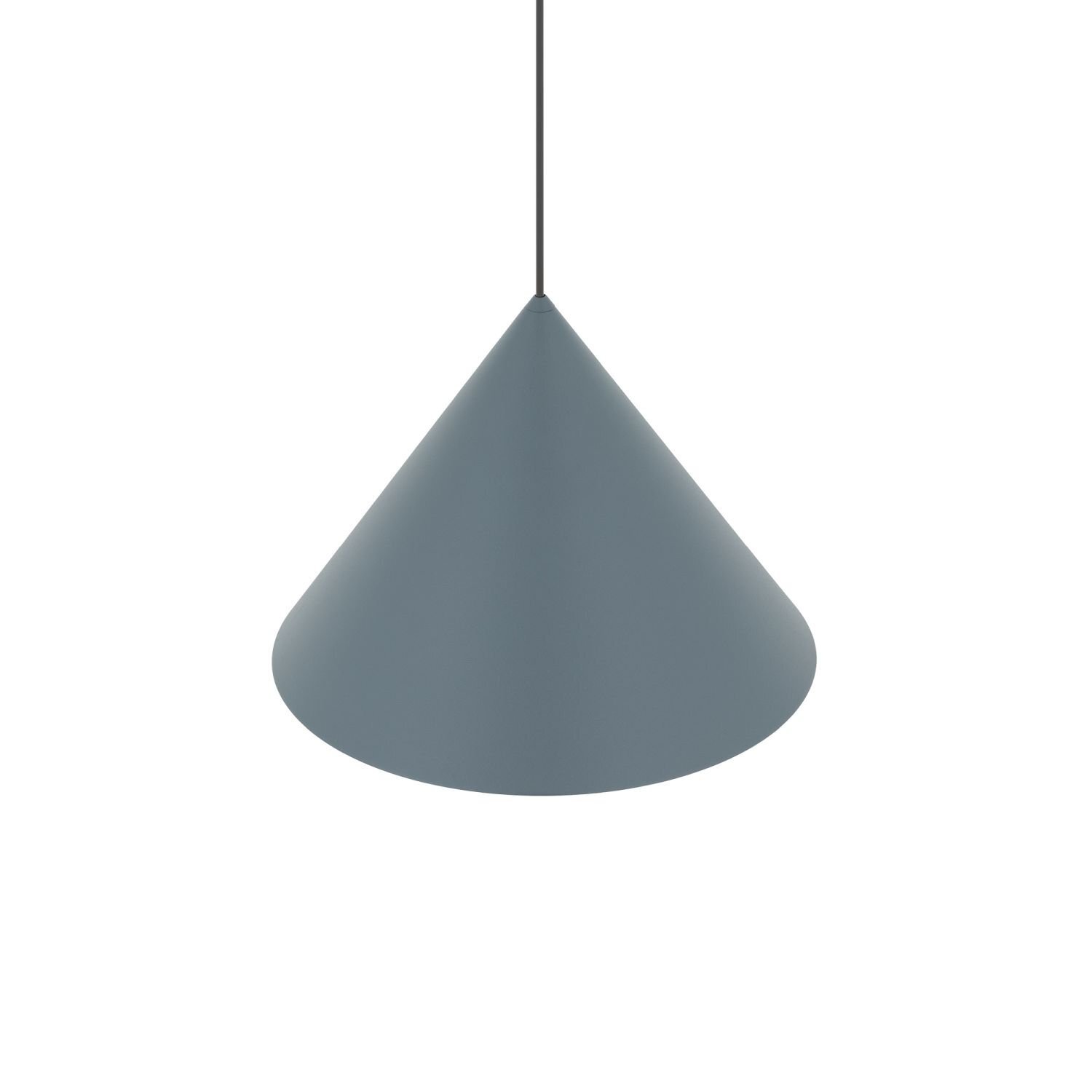 Na obrazie widoczna jest lampa wisząca o stożkowym kształcie w kolorze szarym, zawieszona na cienkim przewodzie.