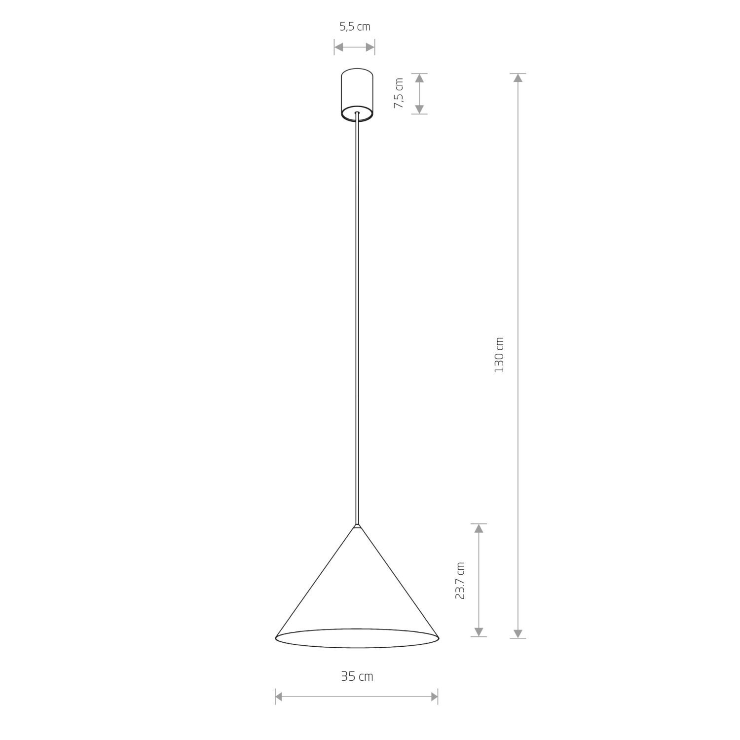 Schemat lampy wiszącej z wymiarami: średnica klosza 35 cm, wysokość klosza 23,7 cm, długość kabla 130 cm, średnica mocowania sufitowego 5,5 cm, wysokość mocowania 7,5 cm.